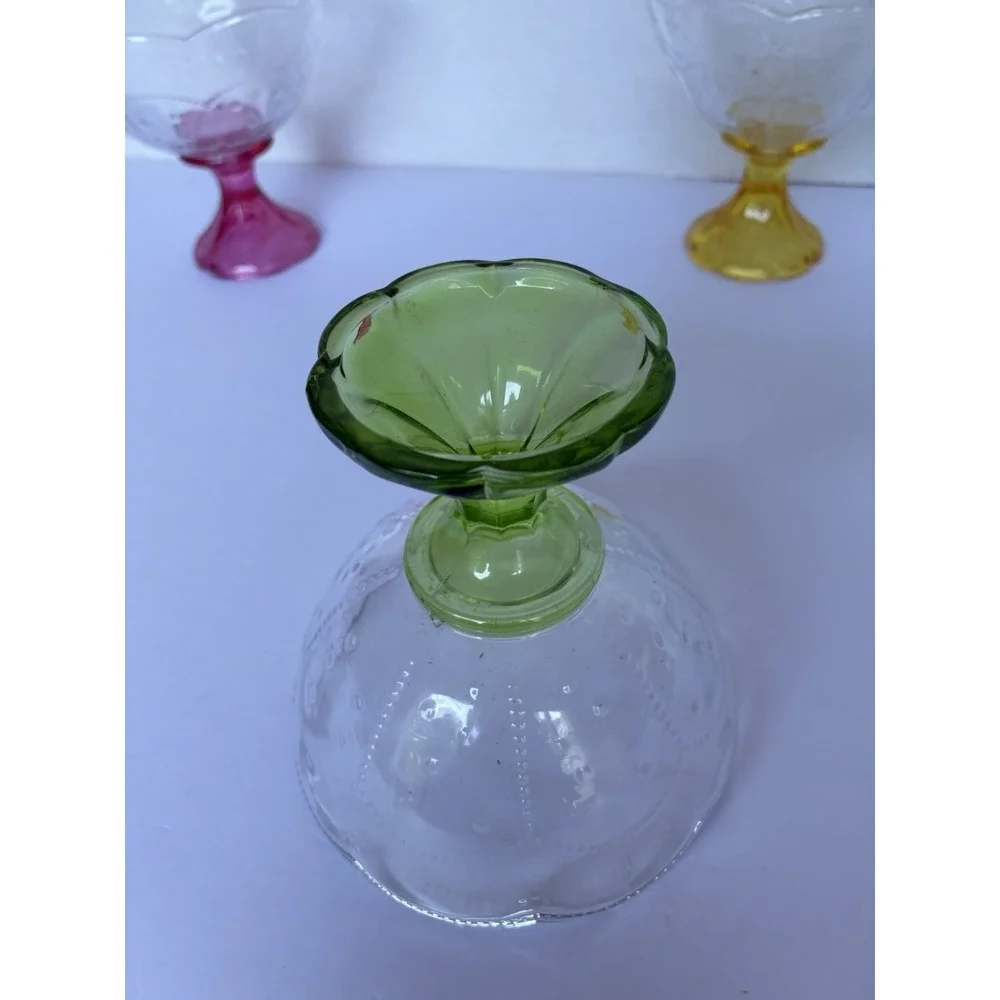 Vintage Indiana Glass Crown Kings Crown Footed Dessert Bowls Set 4 Colored Stems